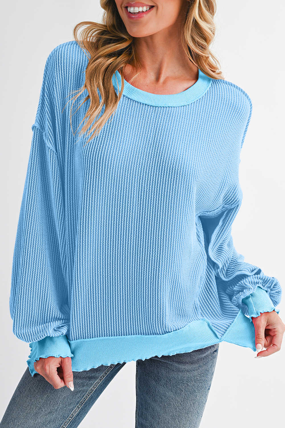 Myosotis Twisted Ribbed Seamed Patchwork Long Sleeve Top
