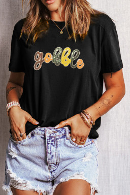 Black gobble Letter Sequins Patch Thanksgiving T Shirt