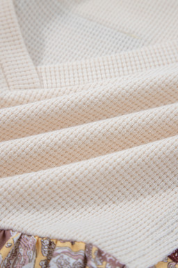 Beige Paisley Ethnic Print Waffle Patchwork Long Sleeve Loose Top