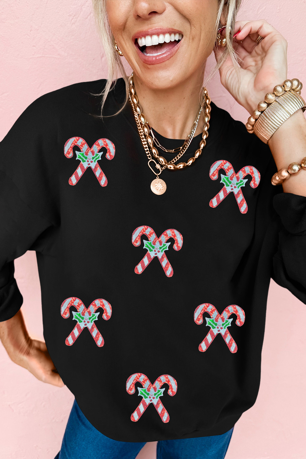Black Candy Cane Patch Application Christmas Holiday Sweatshirt