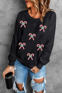 Black Candy Cane Patch Application Christmas Holiday Sweatshirt