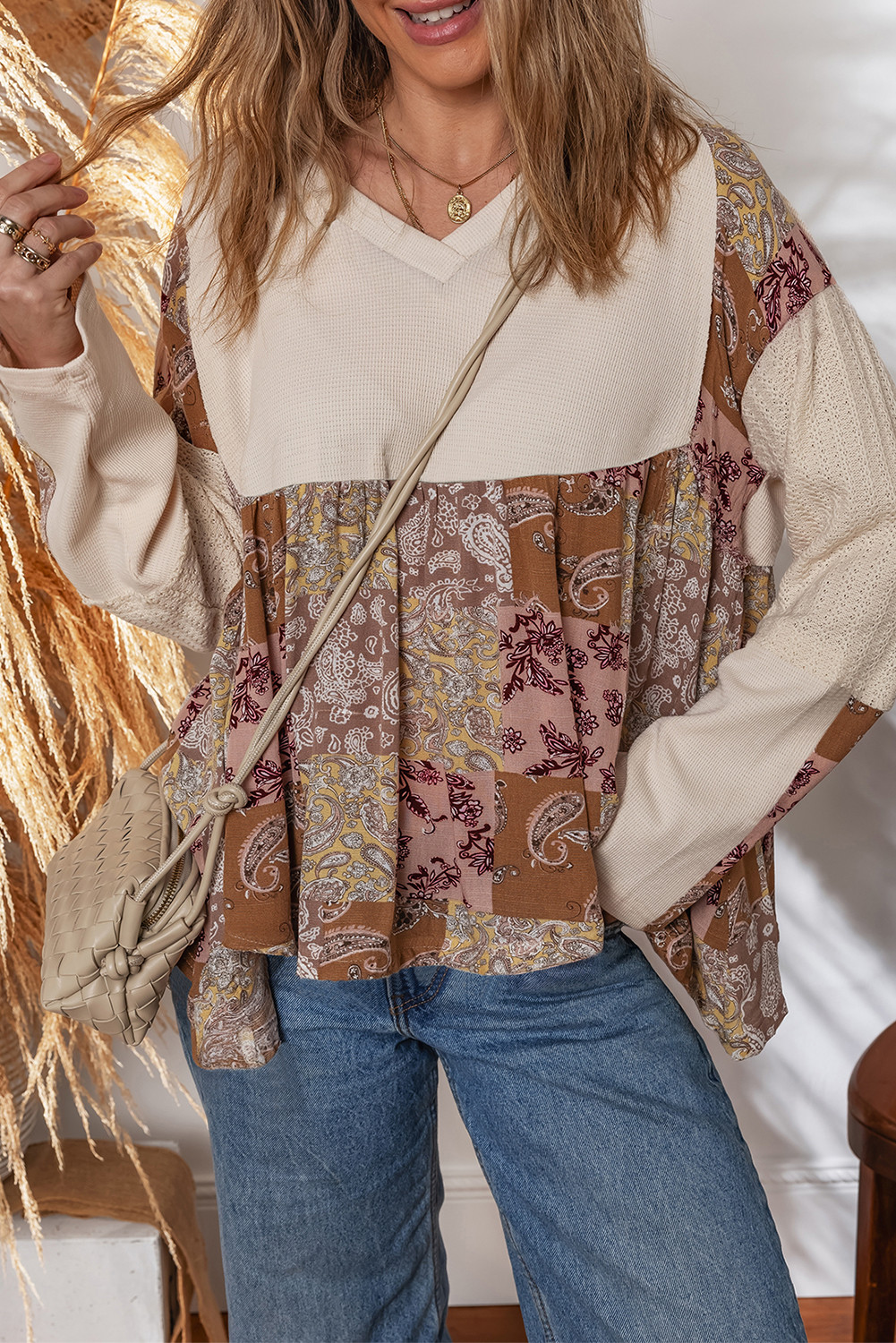 Beige Paisley Ethnic Print Waffle Patchwork Long Sleeve Loose Top