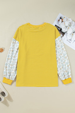 Yellow Striped Floral Patchwork Sleeve Plus Size Loose Top