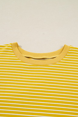 Yellow Striped Floral Patchwork Sleeve Plus Size Loose Top