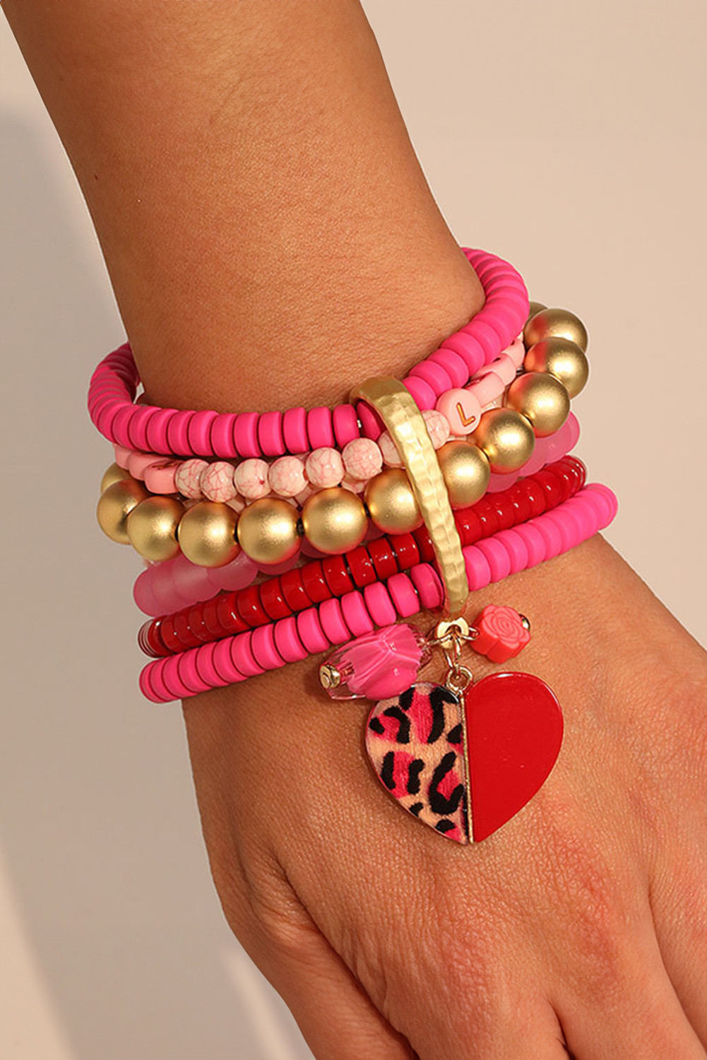 Rose Red Heart Pendant Valentines Day Beaded Bracelet Set