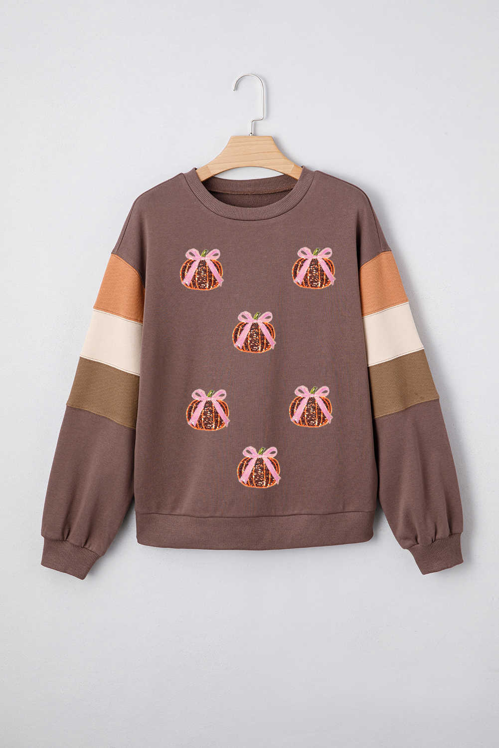Dark Khaki Color Block Patchwork Bow Pumpkin Sequins Patch Sweatshirt