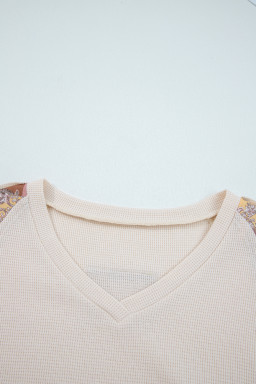 Beige Paisley Ethnic Print Waffle Patchwork Long Sleeve Loose Top