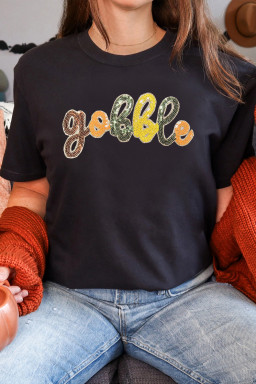 Black gobble Letter Sequins Patch Thanksgiving T Shirt