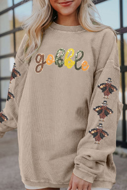 Smoke Gray gobble Turkey Sleeve Sequins Patch Corded Baggy Sweatshirt