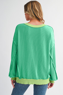 Bright Green Twisted Ribbed Seamed Patchwork Long Sleeve Top