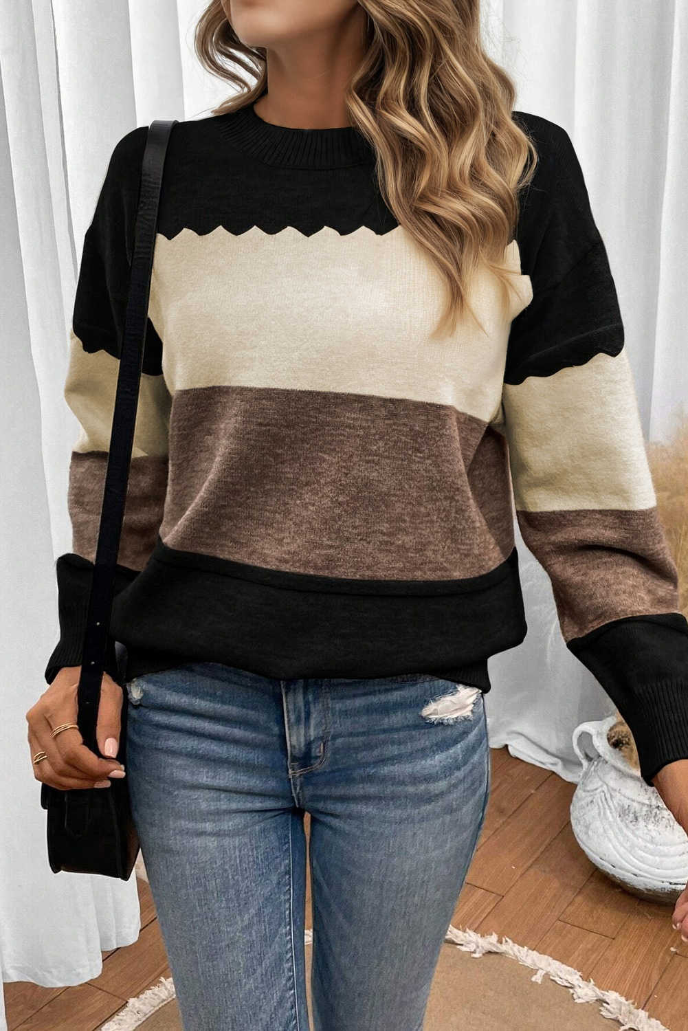 Black Colorblock Crew Neck Drop Shoulder Sweater