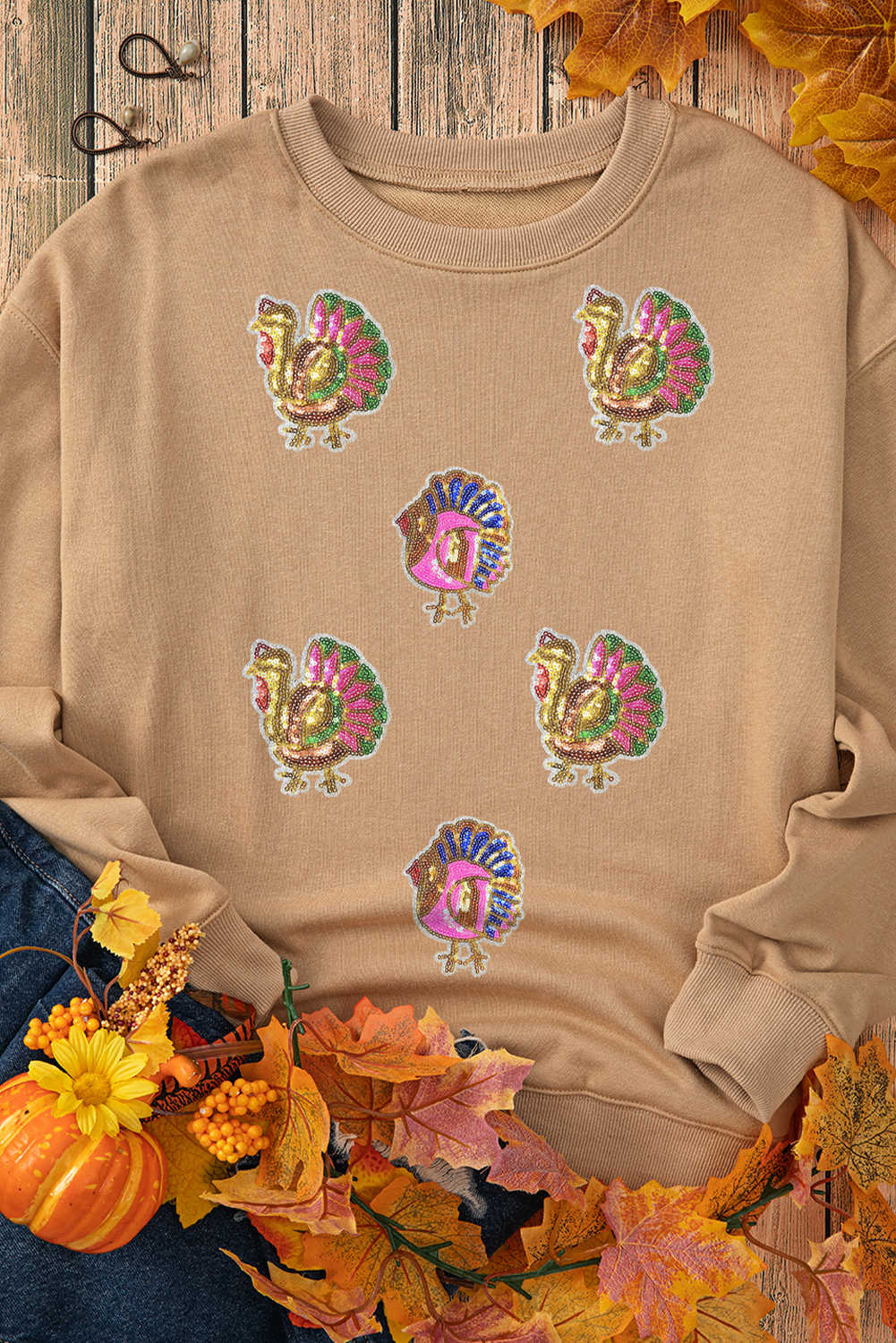 Khaki Thanksgiving Turkey Graphic Sequins Patch Baggy Sweatshirt