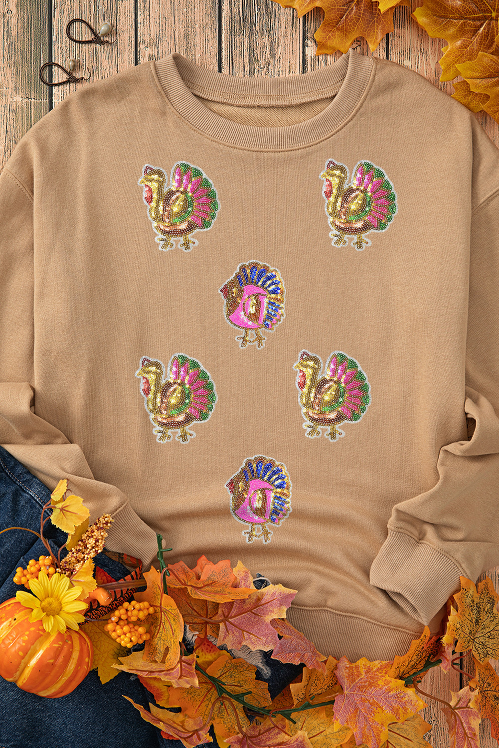 Khaki Thanksgiving Turkey Graphic Sequins Patch Baggy Sweatshirt