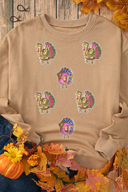 Khaki Thanksgiving Turkey Graphic Sequins Patch Baggy Sweatshirt