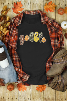 Black gobble Letter Sequins Patch Thanksgiving T Shirt