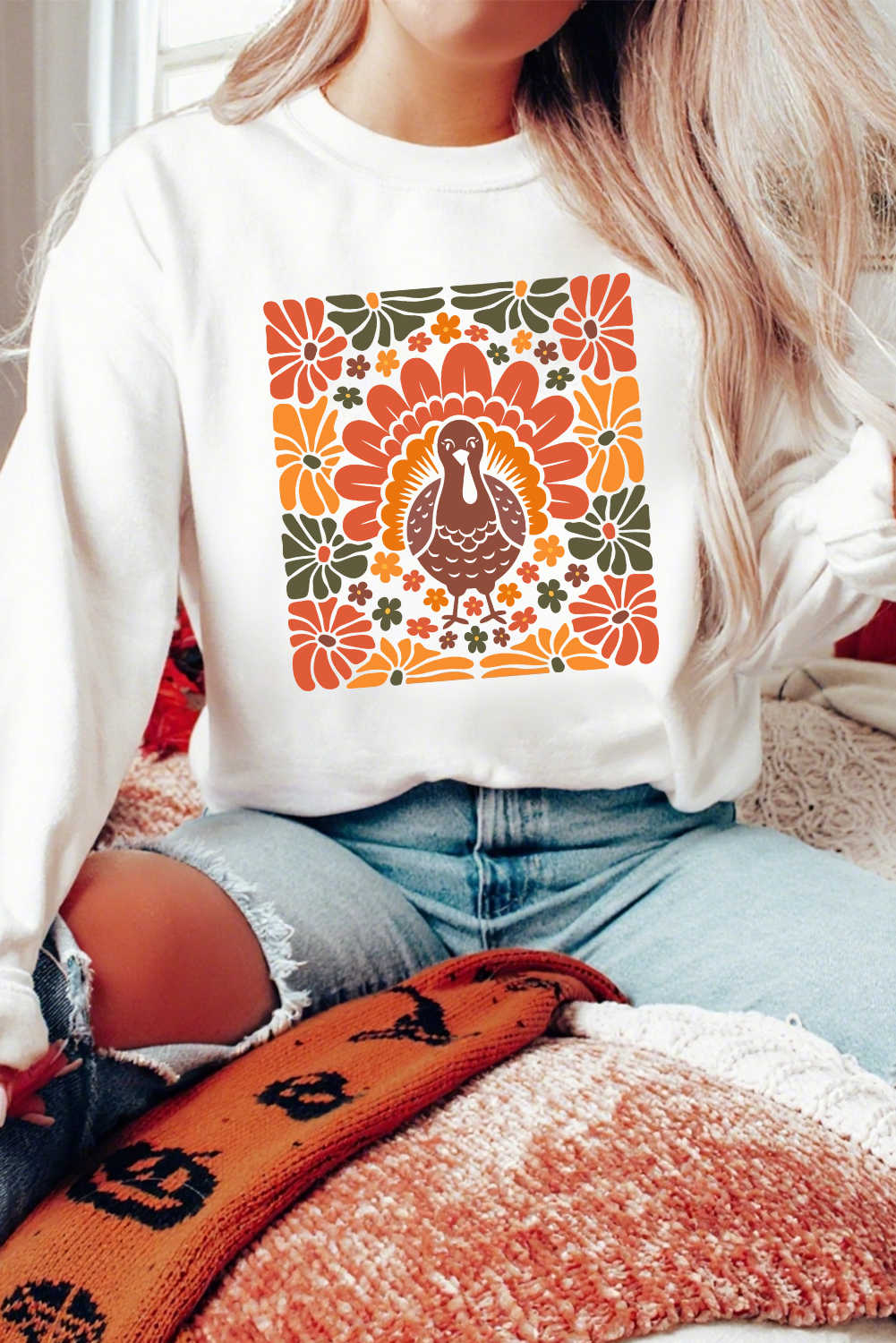 White Thanksgiving Turkey Heat Transfer Printing Holiday Crew Neck Sweatshirt