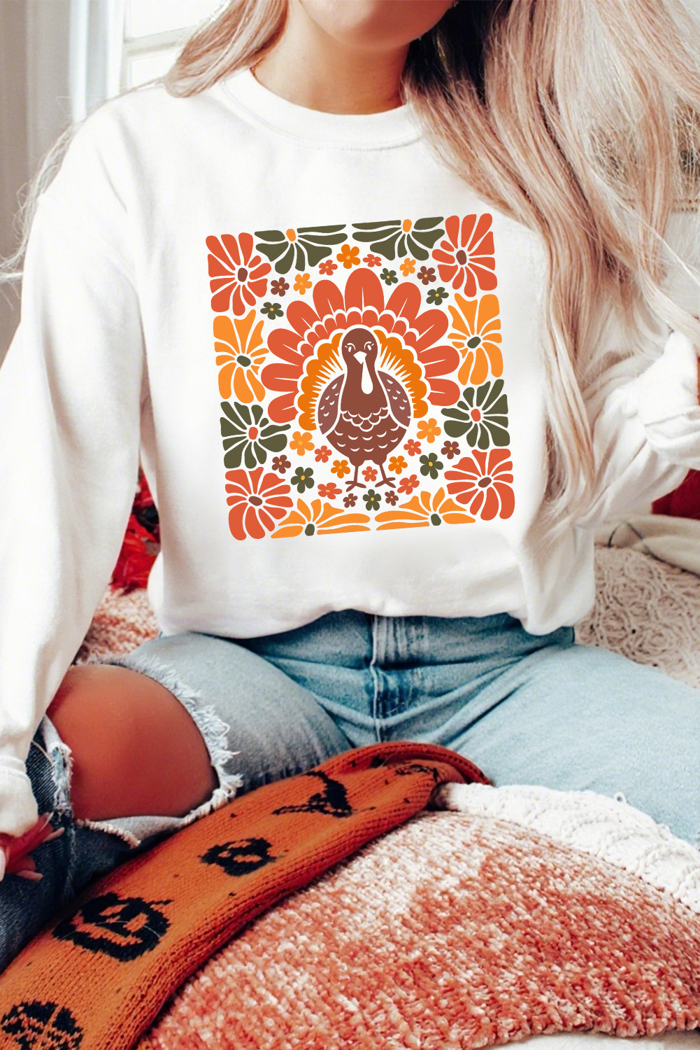 White Thanksgiving Turkey Heat Transfer Printing Holiday Crew Neck Sweatshirt