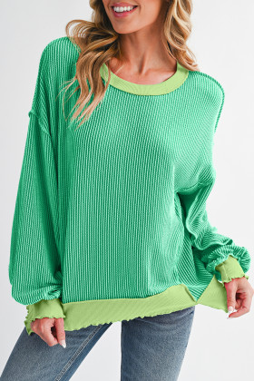 Bright Green Twisted Ribbed Seamed Patchwork Long Sleeve Top
