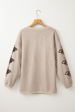 Smoke Gray gobble Turkey Sleeve Sequins Patch Corded Baggy Sweatshirt