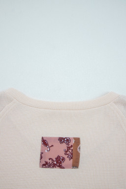 Beige Paisley Ethnic Print Waffle Patchwork Long Sleeve Loose Top