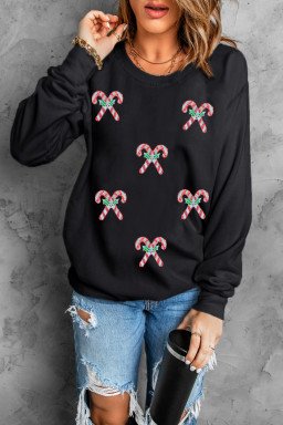 Black Candy Cane Patch Application Christmas Holiday Sweatshirt