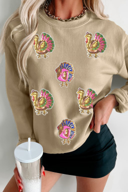 Khaki Thanksgiving Turkey Graphic Sequins Patch Baggy Sweatshirt