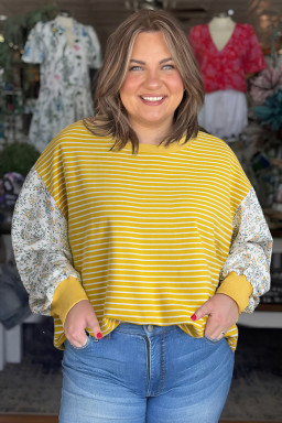 Yellow Striped Floral Patchwork Sleeve Plus Size Loose Top