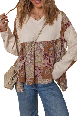 Beige Paisley Ethnic Print Waffle Patchwork Long Sleeve Loose Top