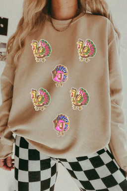 Khaki Thanksgiving Turkey Graphic Sequins Patch Baggy Sweatshirt