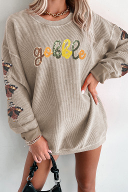 Smoke Gray gobble Turkey Sleeve Sequins Patch Corded Baggy Sweatshirt
