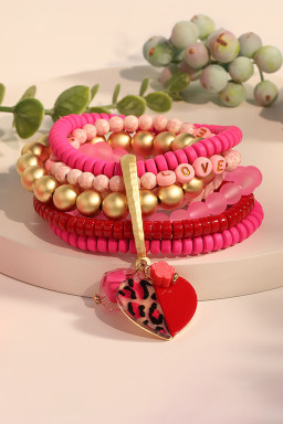 Rose Red Heart Pendant Valentines Day Beaded Bracelet Set