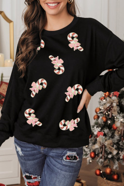 Black Christmas Candy Cane Sequins Patch Baggy Sweatshirt