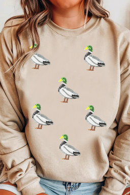 Khaki Sequin Mallard Duck Graphic Sequins Patch Baggy Sweatshirt