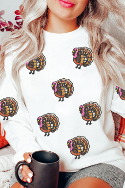 White Thanksgiving Turkey Sequins Patch Pullover Sweatshirt