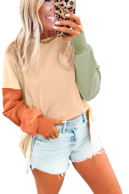 Beige Colorblock Patchwork Split Hem Casual Sweatshirt
