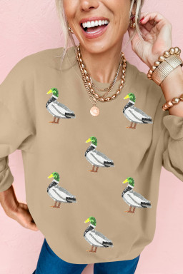 Khaki Sequin Mallard Duck Graphic Sequins Patch Baggy Sweatshirt