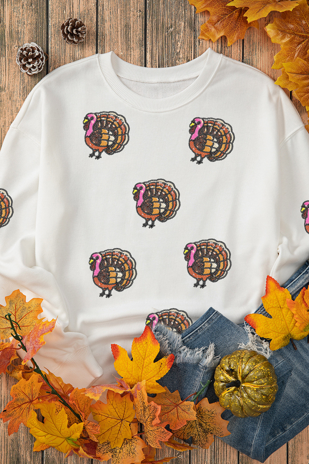 White Thanksgiving Turkey Sequins Patch Pullover Sweatshirt