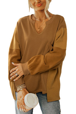 Multicolor Oversized Mixed Textured Split Neck High Low Patchwork Sweatshirt