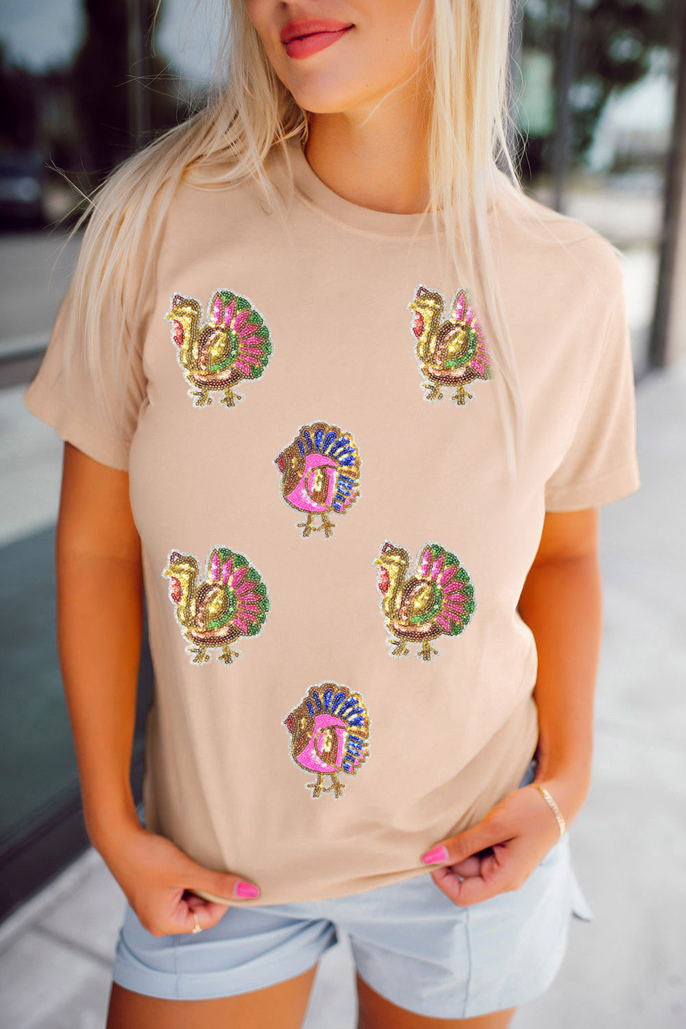 Khaki Thanksgiving Turkey Graphic Sequins Patch Crewneck Tee