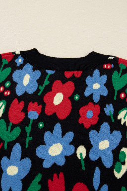 Black Vibrant Floral V Neck Knit Cardigan
