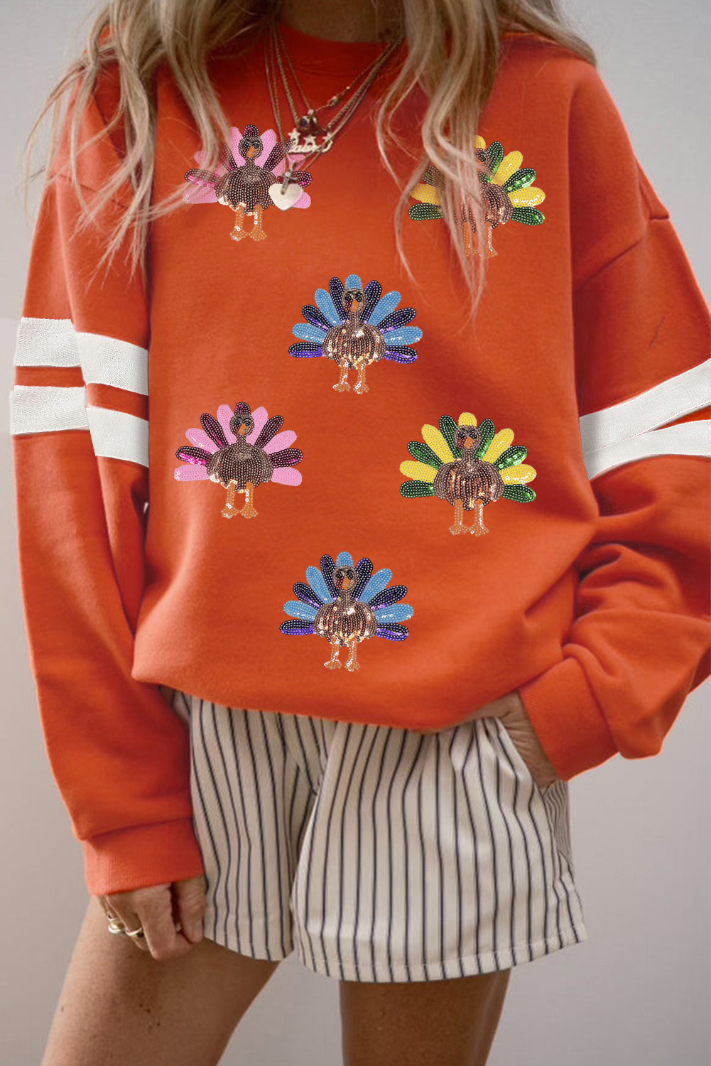 Orange Varsity Striped Sleeve Turkey Graphic Sequins Patch Thanksgiving Sweatshirt