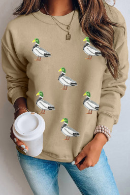Khaki Sequin Mallard Duck Graphic Sequins Patch Baggy Sweatshirt