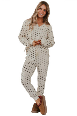 White Polka Dot Print Pullover Drawstring Jogger Pants Pajama Set