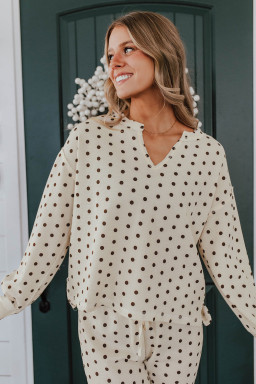 White Polka Dot Print Pullover Drawstring Jogger Pants Pajama Set