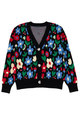 Black Vibrant Floral V Neck Knit Cardigan