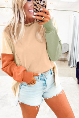 Beige Colorblock Patchwork Split Hem Casual Sweatshirt