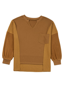 Multicolor Oversized Mixed Textured Split Neck High Low Patchwork Sweatshirt