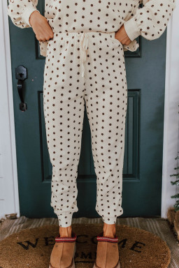 White Polka Dot Print Pullover Drawstring Jogger Pants Pajama Set