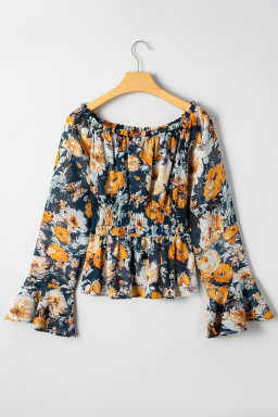 Blue Floral Off Shoulder Bell Sleeve Smocked Peplum Top