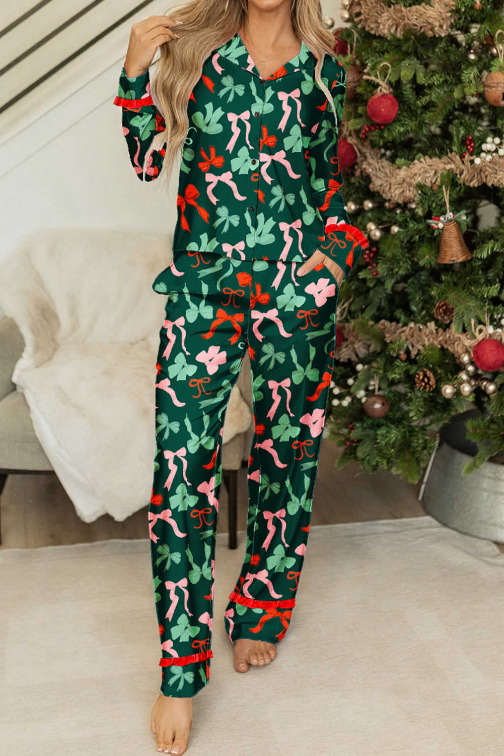 Green Christmas Bow Print Long Sleeve Pajama Set
